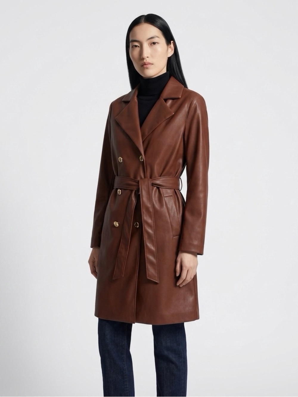 Marc New York Chestnut Brown Leather Trench Coat with Belt